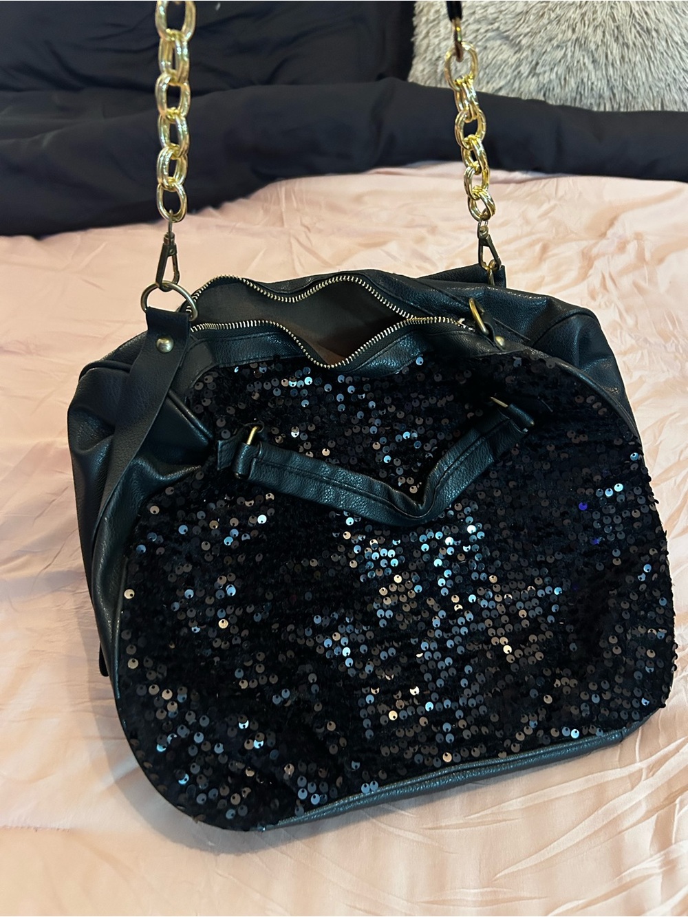 Maomaobag Black Sequin Hobo Bag with Gold Chain Handles